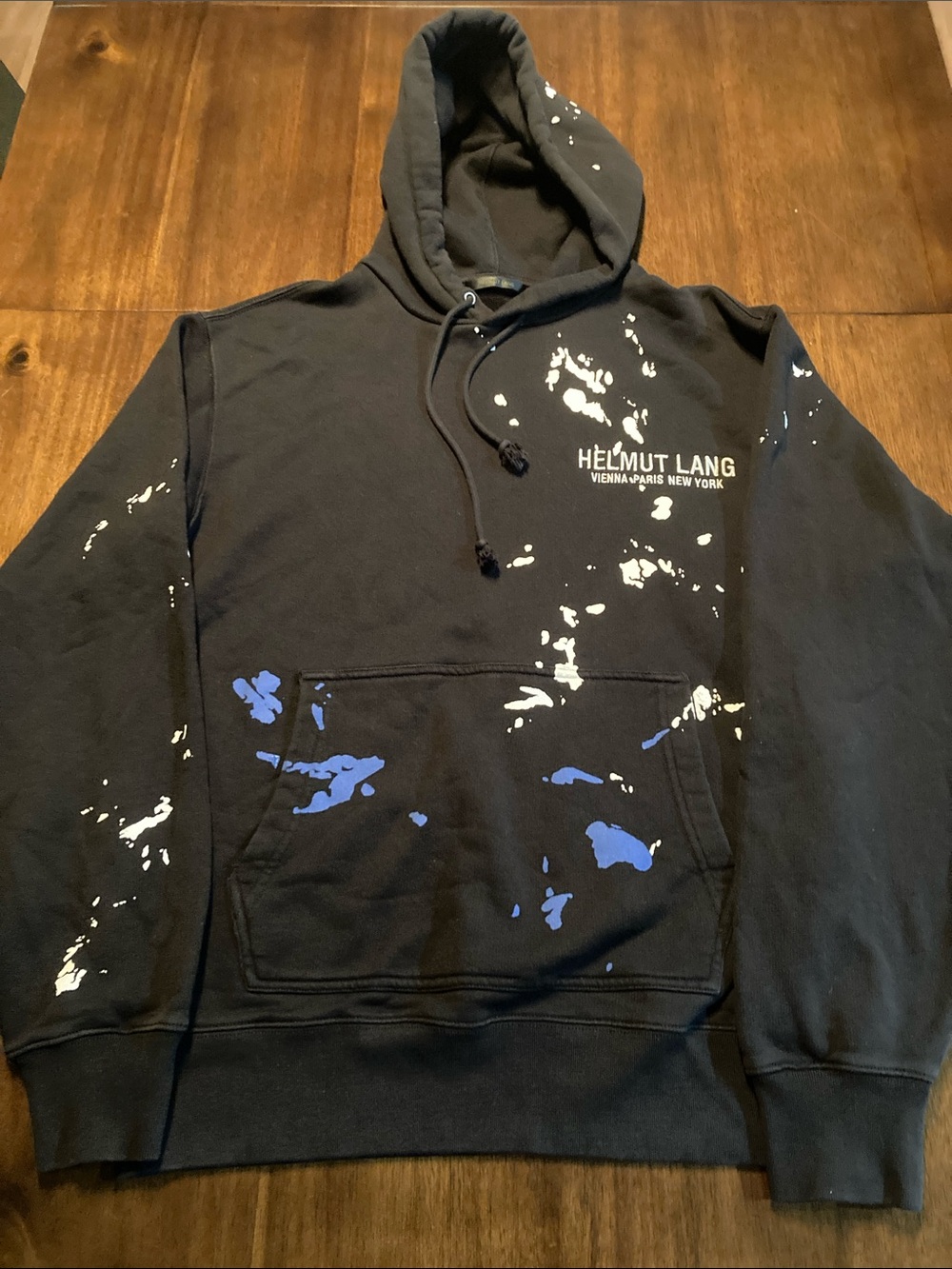 Helmut Lang Black Hoodie with White and Blue Paint-Splatter